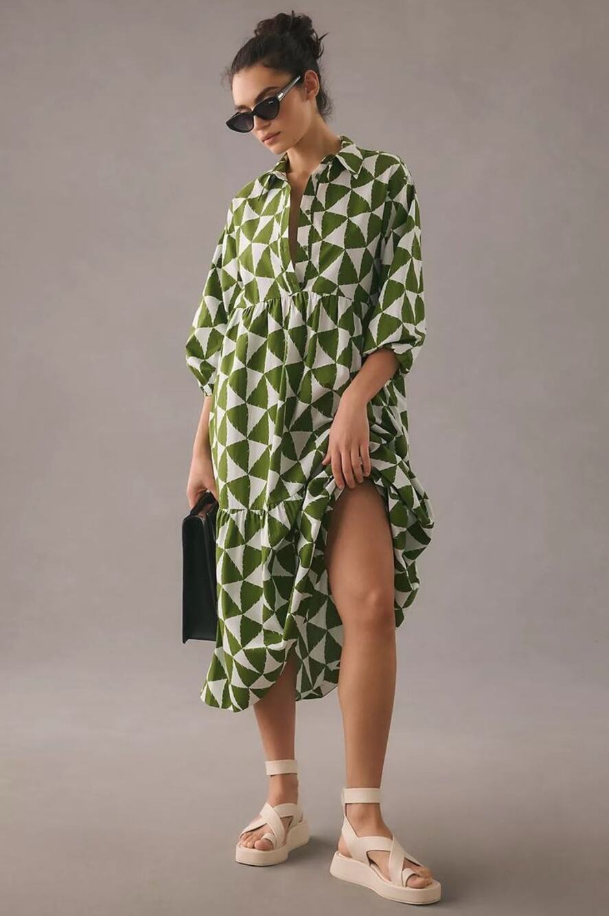 ANTHROPOLOGIE x MAEVE Bettina Shirt Dress Geometric Green Sz S $148 {GG17}